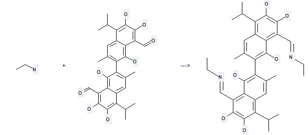 Gossypol can react with Ethylamine to get 1,6,7,1',6',7'-Hexahydroxy-5,5'-diisopropyl-3,3'-dimethyl-[2,2']binaphthyl-8,8'-dicarbaldehyde bis-ethylimine. 